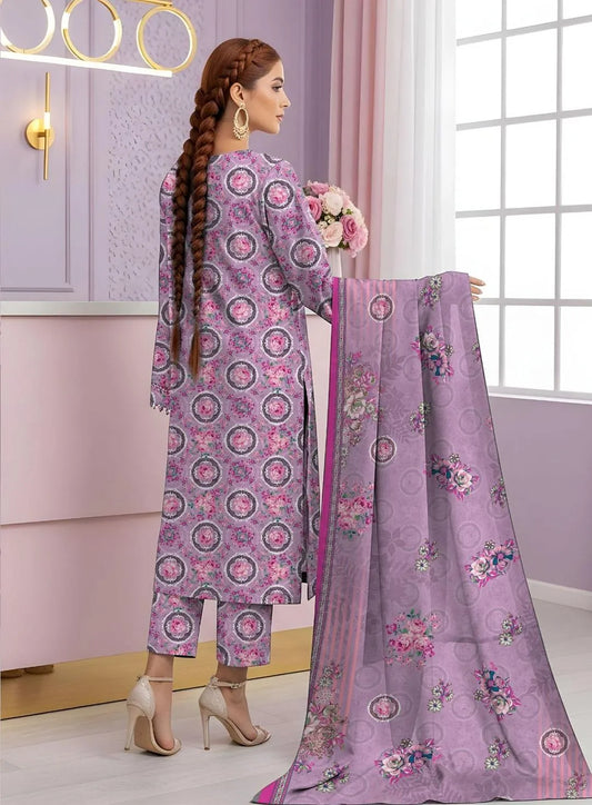 Pink Floral Printed 3-Piece Dobby Lawn Suit for Women