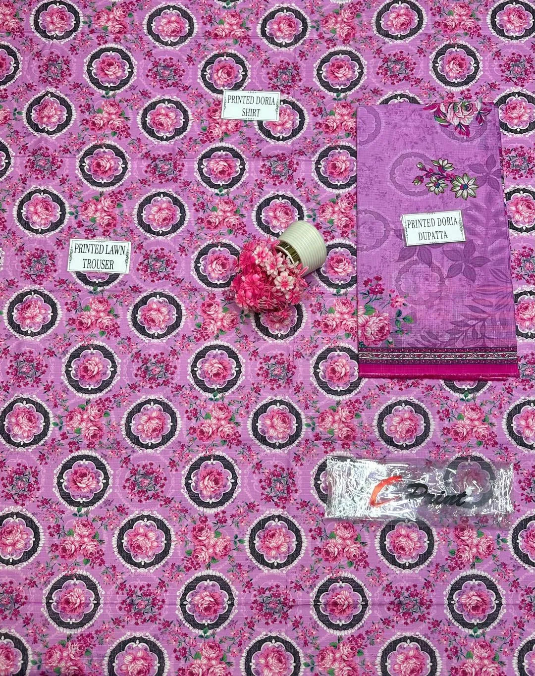Pink Floral Printed 3-Piece Dobby Lawn Suit for Women