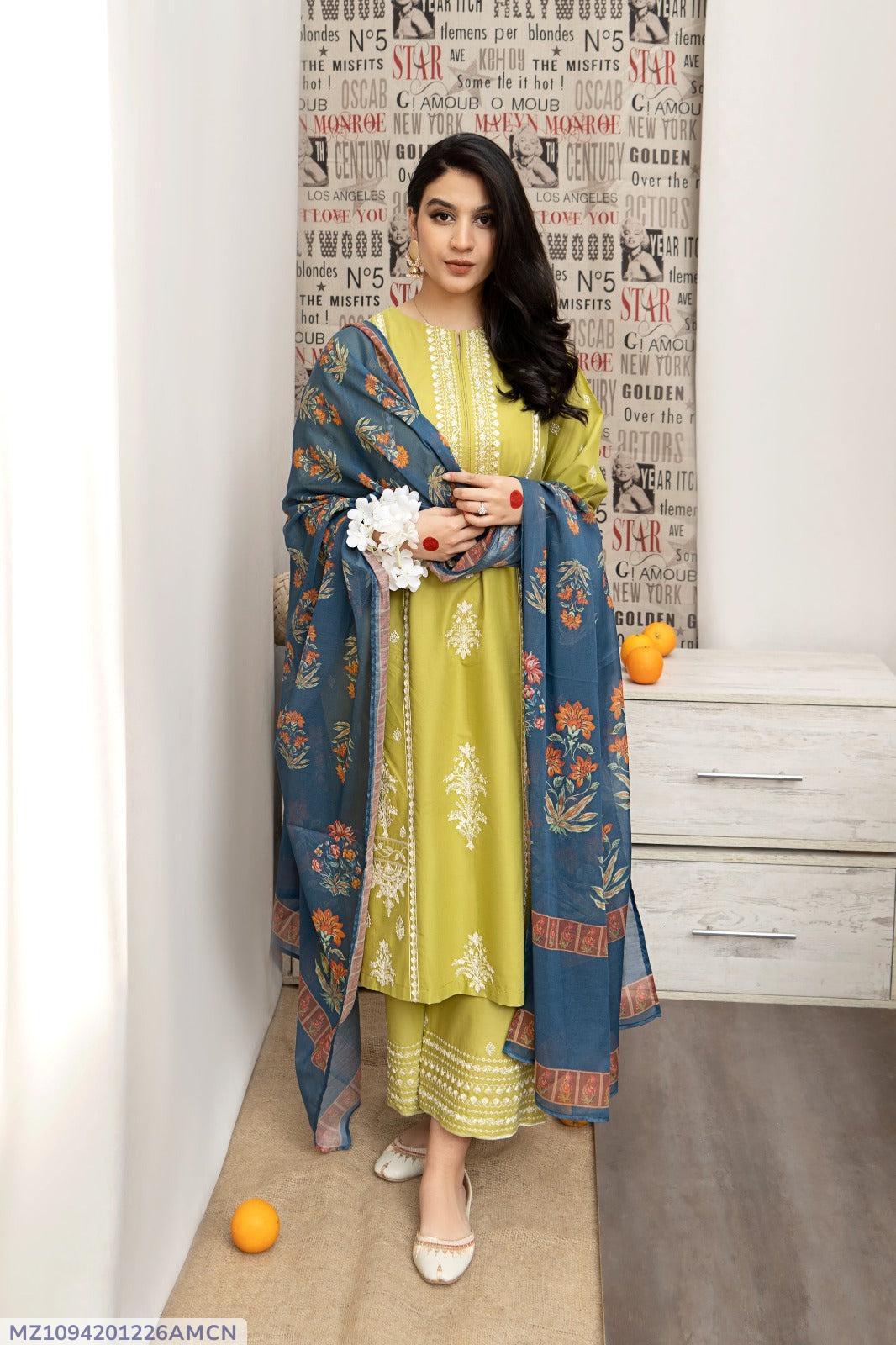 Yellow Embroidered Lawn 3Pcs Shirt Trouser Dupatta Set