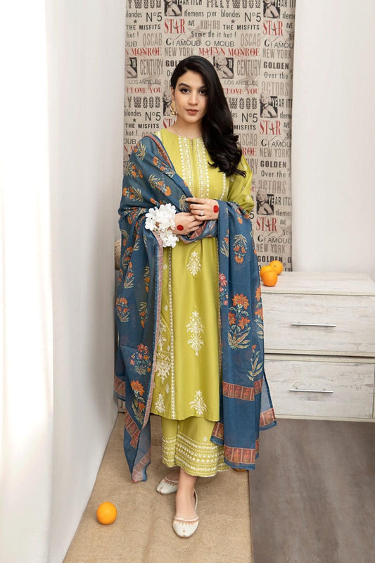 Yellow Embroidered Lawn 3Pcs Shirt Trouser Dupatta Set