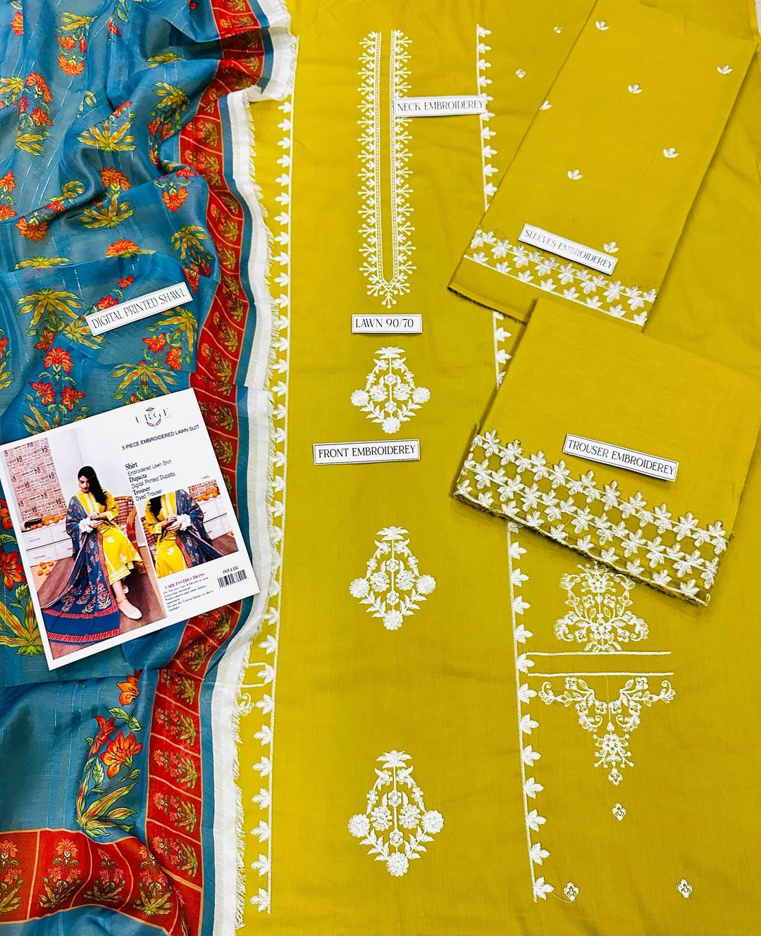 Yellow Embroidered Lawn 3Pcs Shirt Trouser Dupatta Set