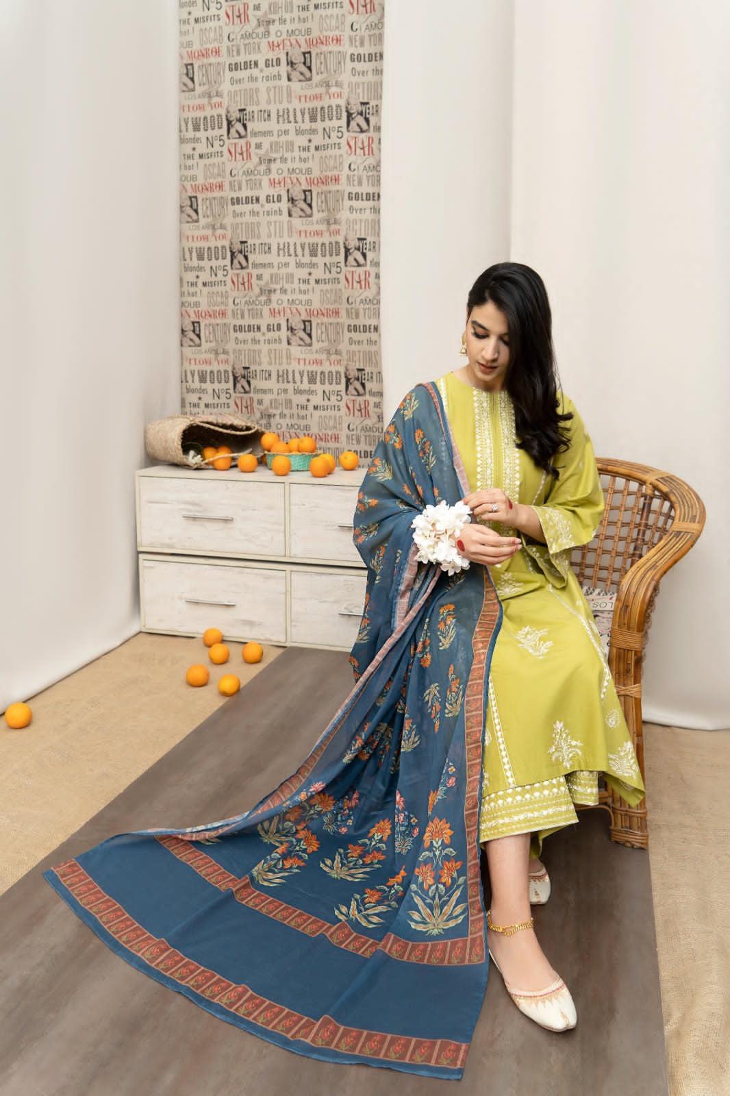 Yellow Embroidered Lawn 3Pcs Shirt Trouser Dupatta Set