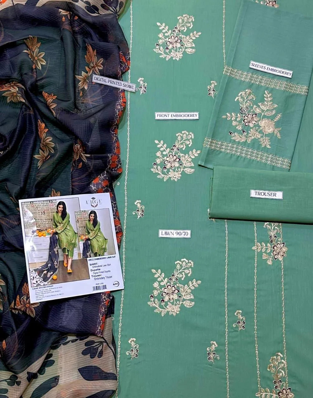 Green Embroidered 3-Piece Lawn Suit with Digital Print Dupatta