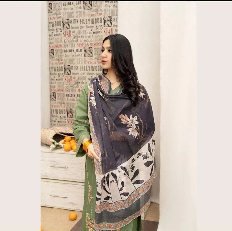 Green Embroidered 3-Piece Lawn Suit with Digital Print Dupatta