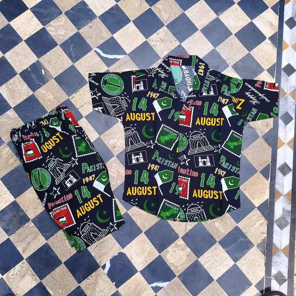 14 August 2 Pcs Boy's Dhanak Printed Shirt And Shorts Set