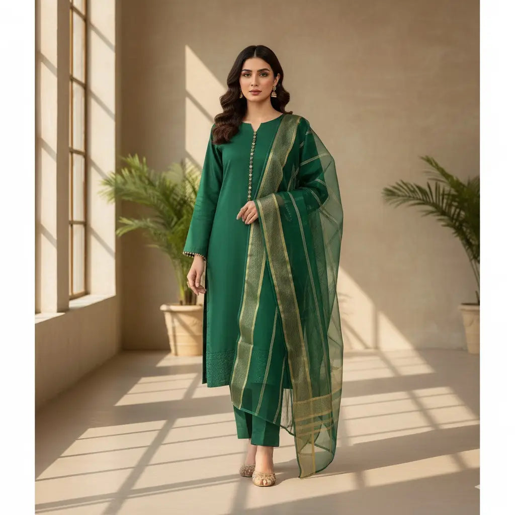 3 Pcs Women's Unstitched Plain Suit