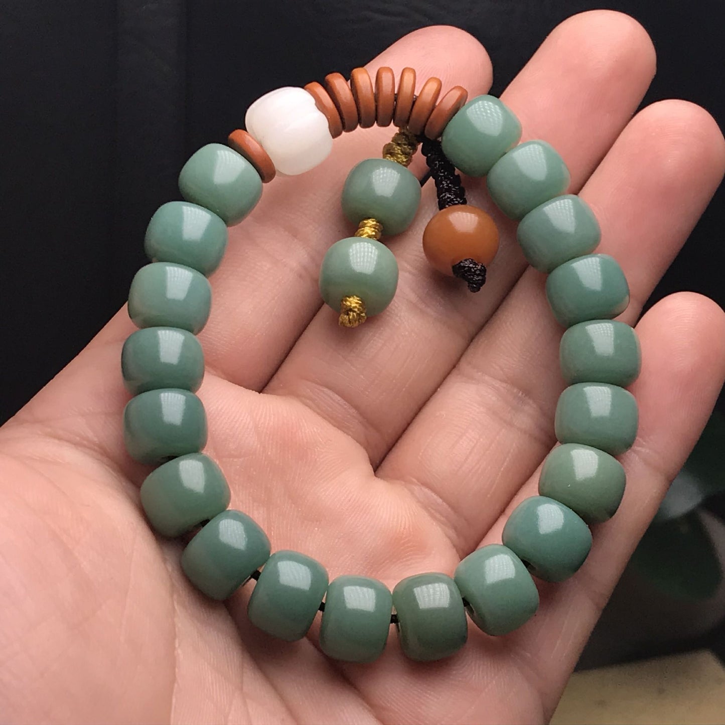 Green Bodhi Root Bracelet for Women with White & Brown Accents