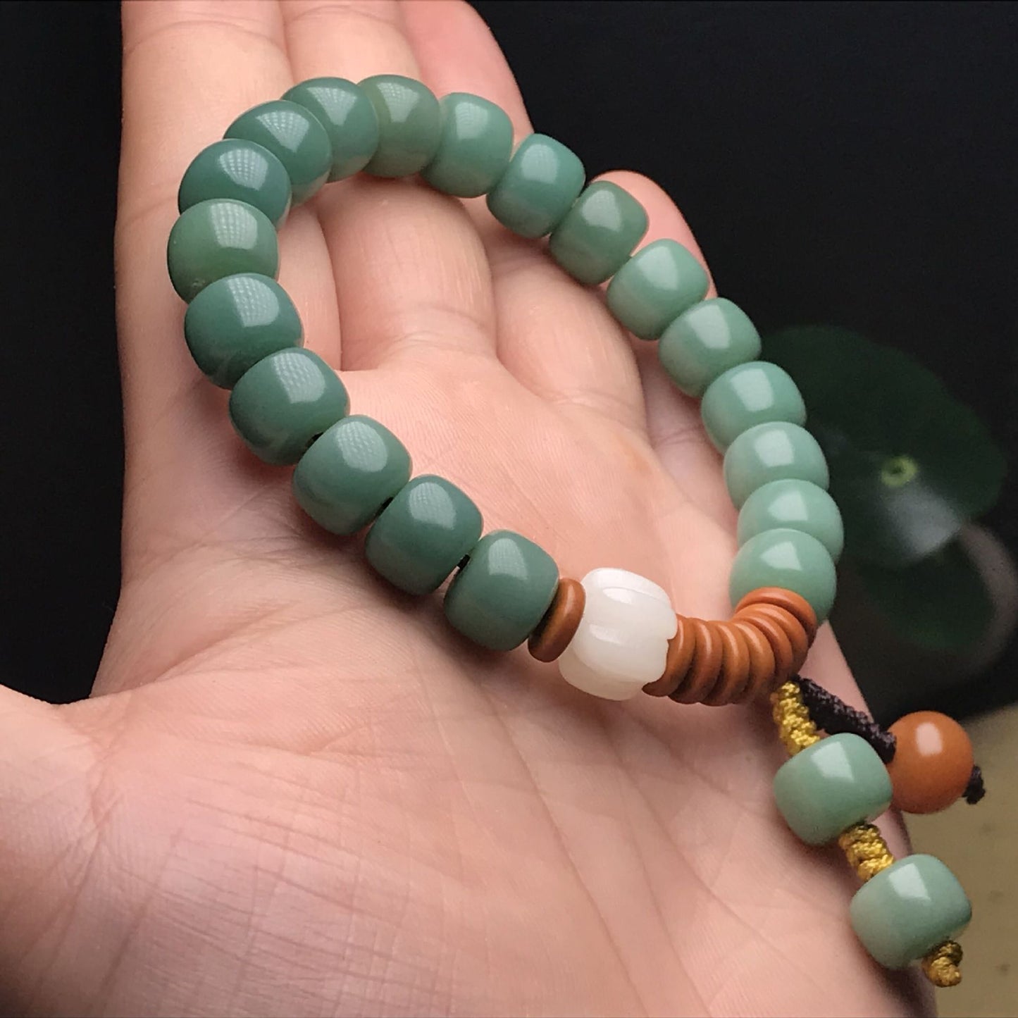 Green Bodhi Root Bracelet for Women with White & Brown Accents