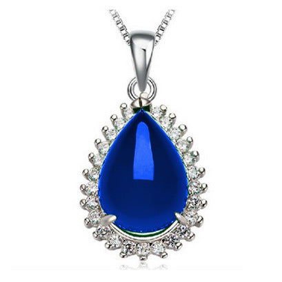 Silver Necklace with Synthetic Chalcedony Pendant Korean Style