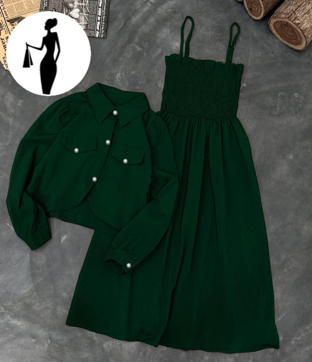 Green Linen 2Pcs Frock & Jacket Set