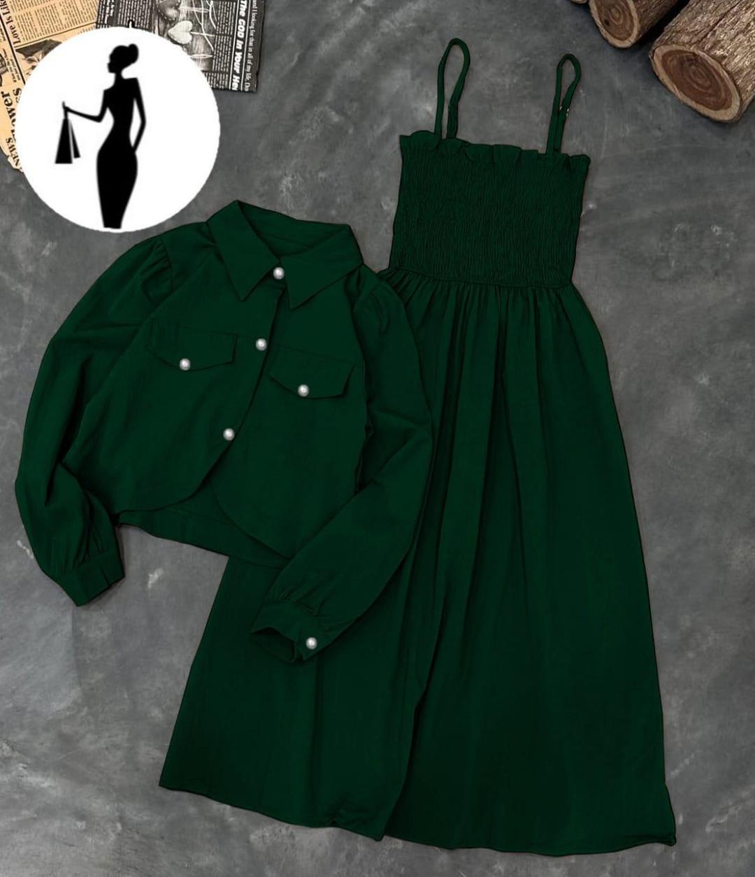 Green Linen 2Pcs Frock & Jacket Set
