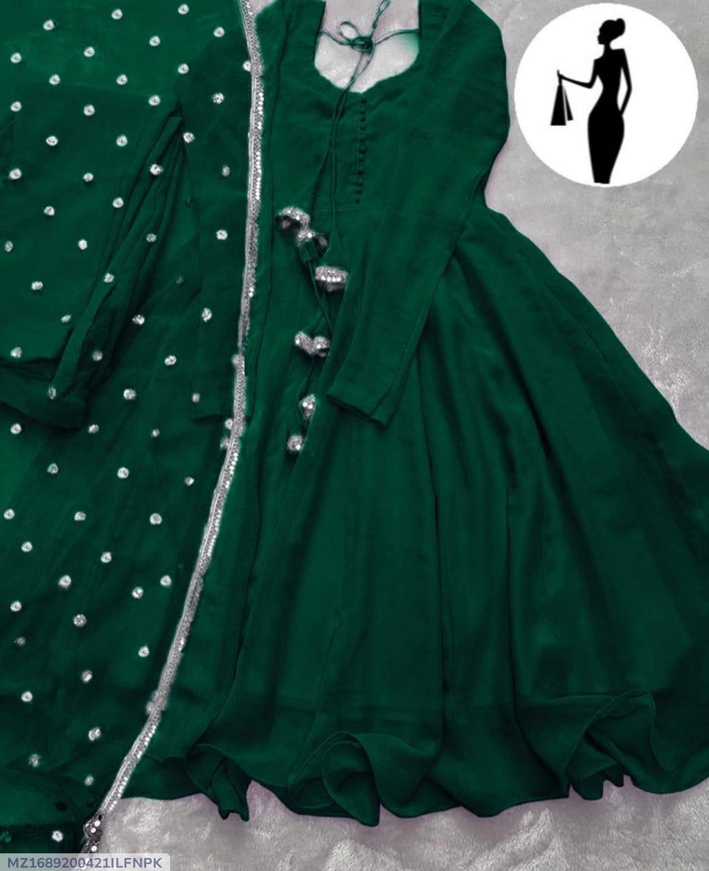 Green V-Neck Chiffon Maxi Suit 3Pcs With Lace Dupatta