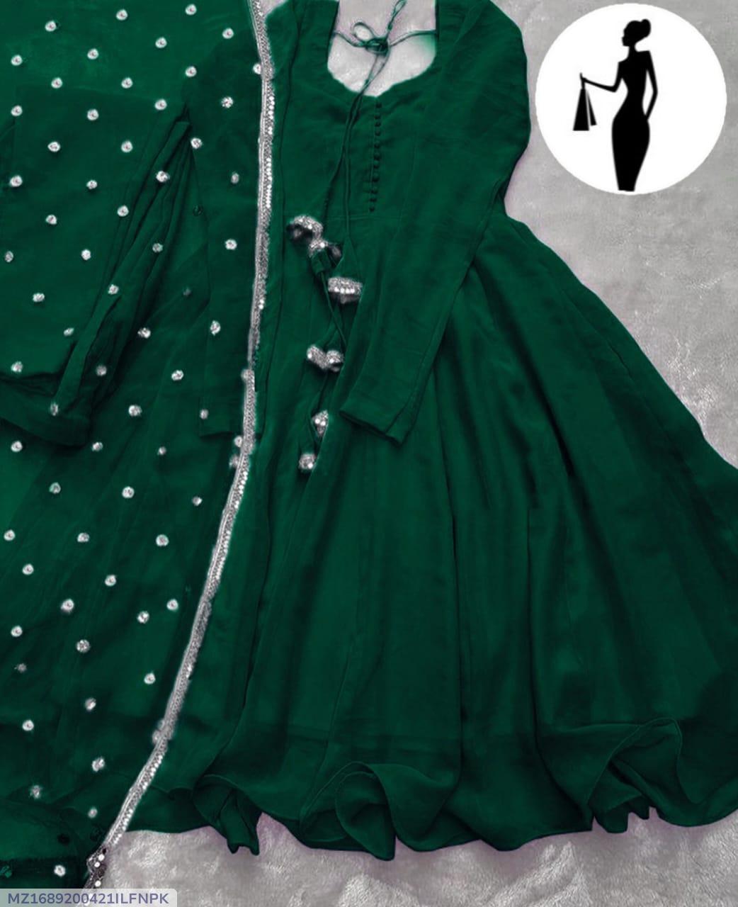 Green V-Neck Chiffon Maxi Suit 3Pcs With Lace Dupatta