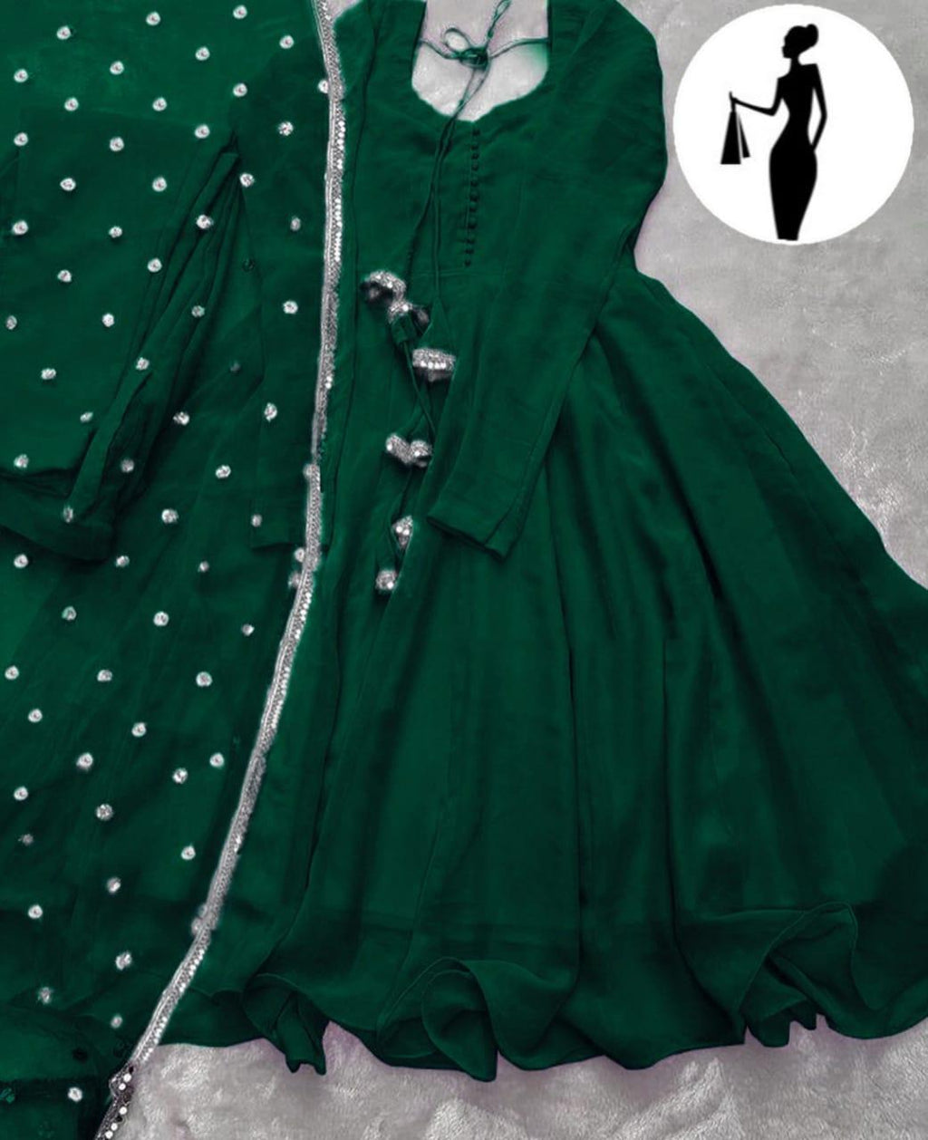 Green V-Neck Chiffon Maxi Suit 3Pcs With Lace Dupatta