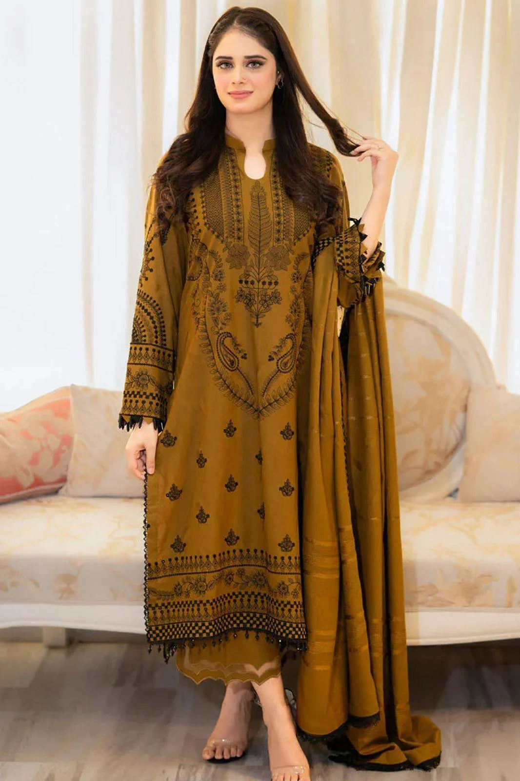 Mustard Embroidered 3Pcs Lawn Suit for Women