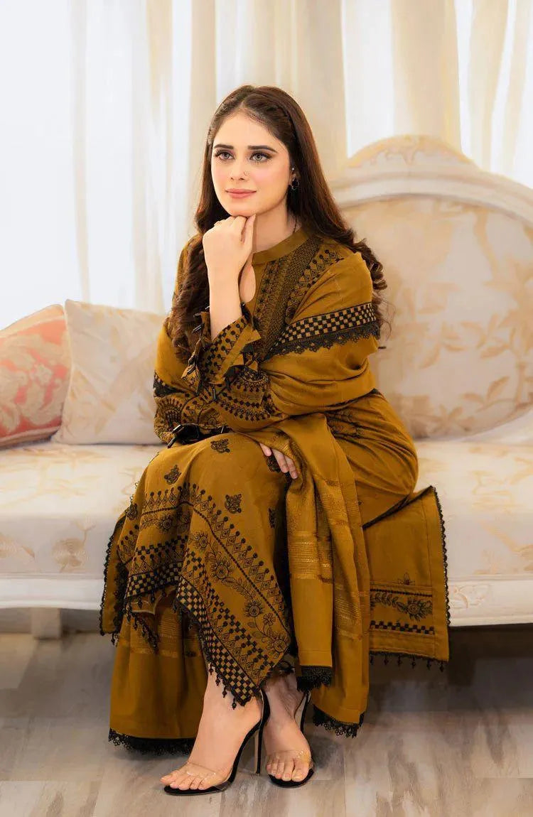 Mustard Embroidered 3Pcs Lawn Suit for Women