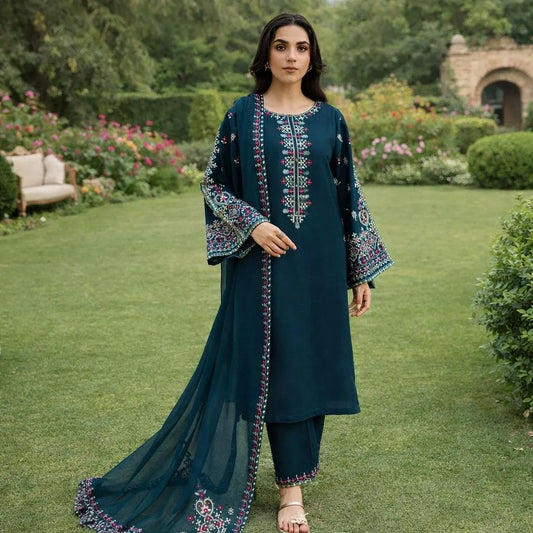 Blue Lawn Patch Work 3Pcs Embroidered Set