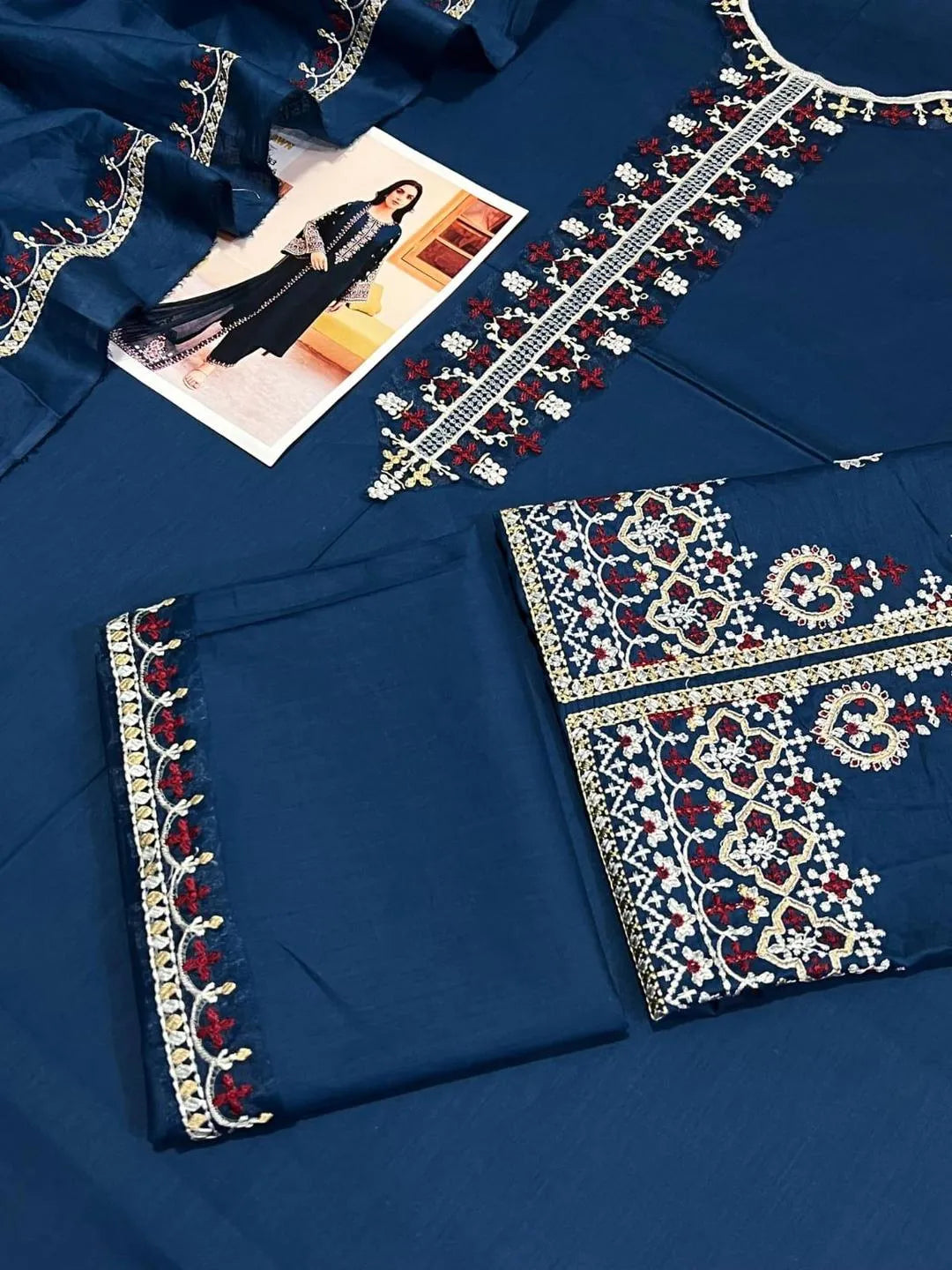 Blue Lawn Patch Work 3Pcs Embroidered Set