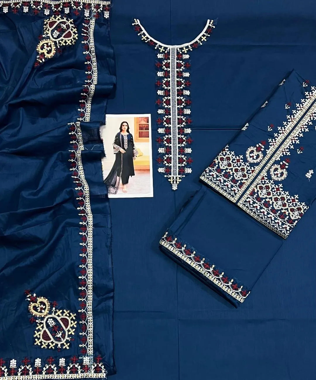 Blue Lawn Patch Work 3Pcs Embroidered Set