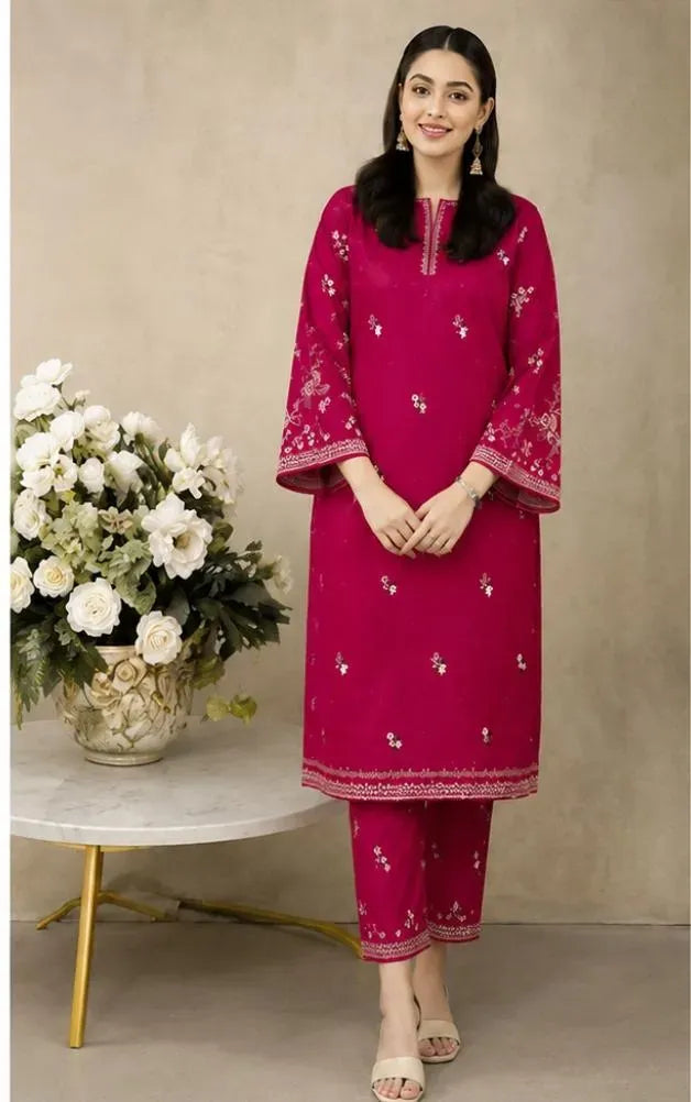 Pakistani Women's Embroidered Maroon Kurta Set
