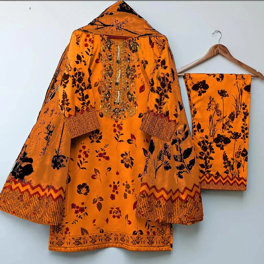 Mustard Digital Print 3Pcs Lawn Suit with Embroidery
