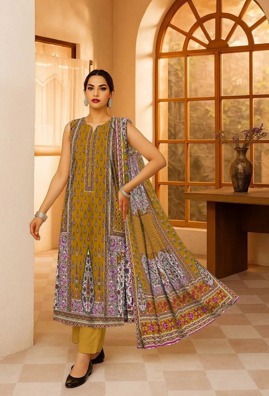 Golden Printed 3-Piece Karandi Suit for Women
