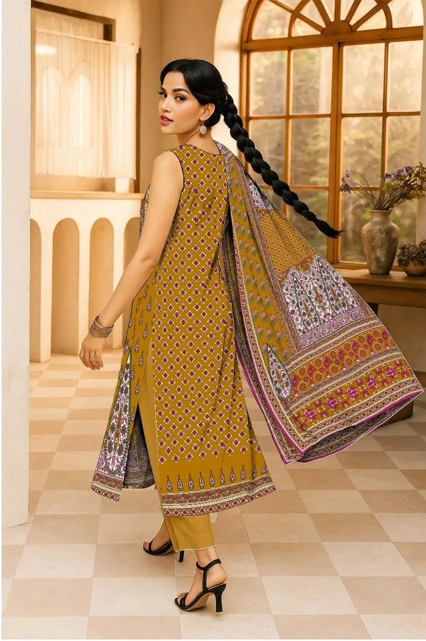 Golden Printed 3-Piece Karandi Suit for Women