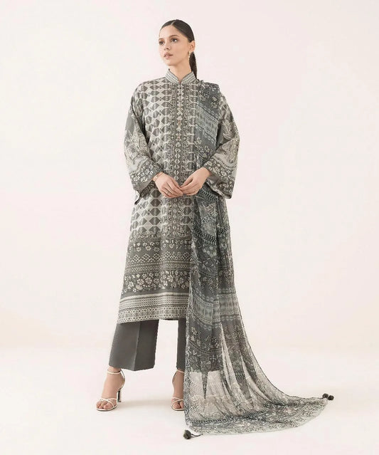 Unstitched Printed Linen Suit for Women Winter Office Wear