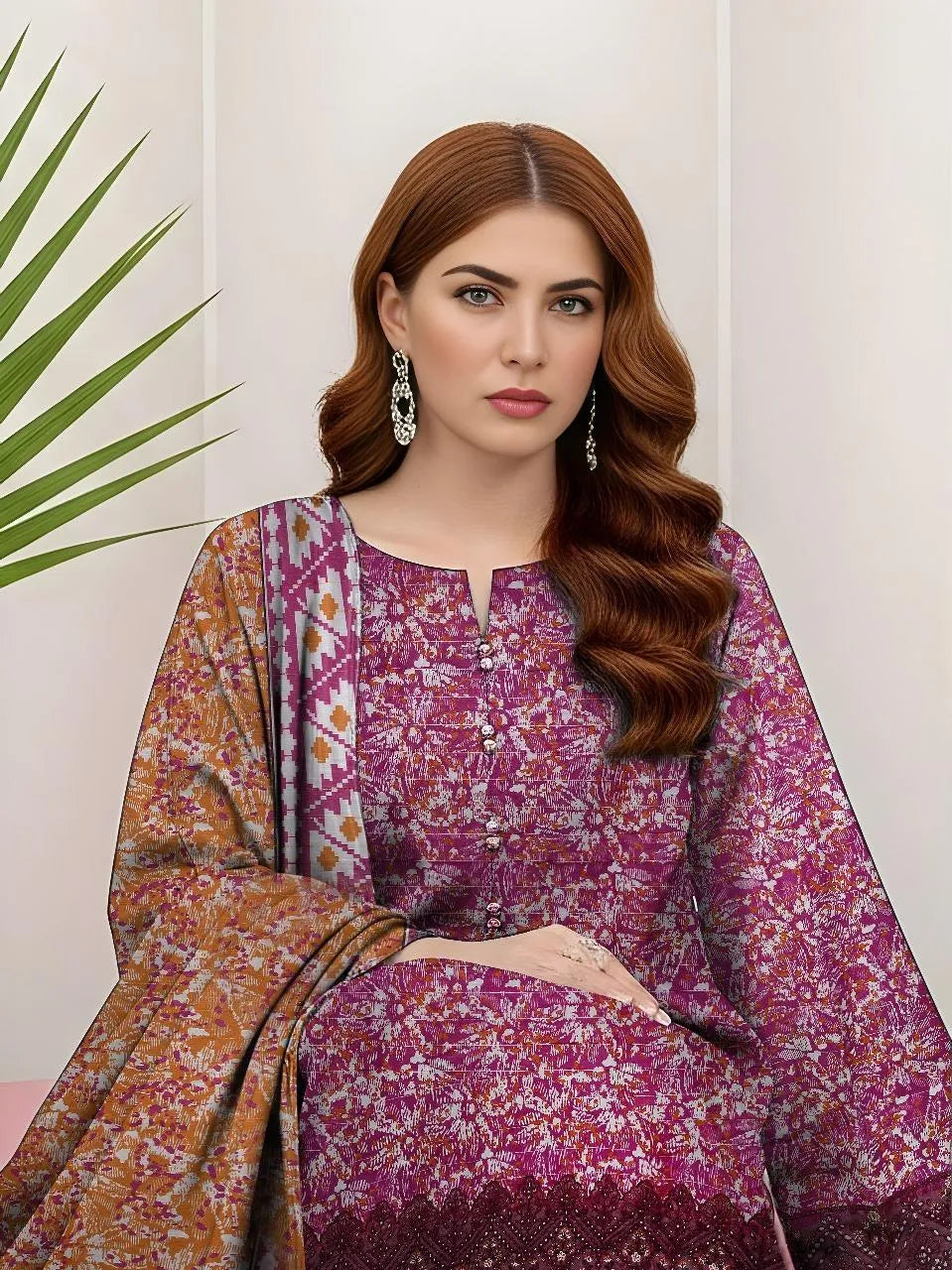 3-Piece Printed Khaddar Suit Pink Gold Wedding Party Wear