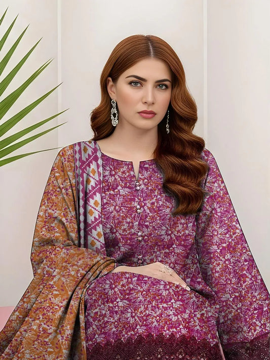 3-Piece Printed Khaddar Suit Pink Gold Wedding Party Wear