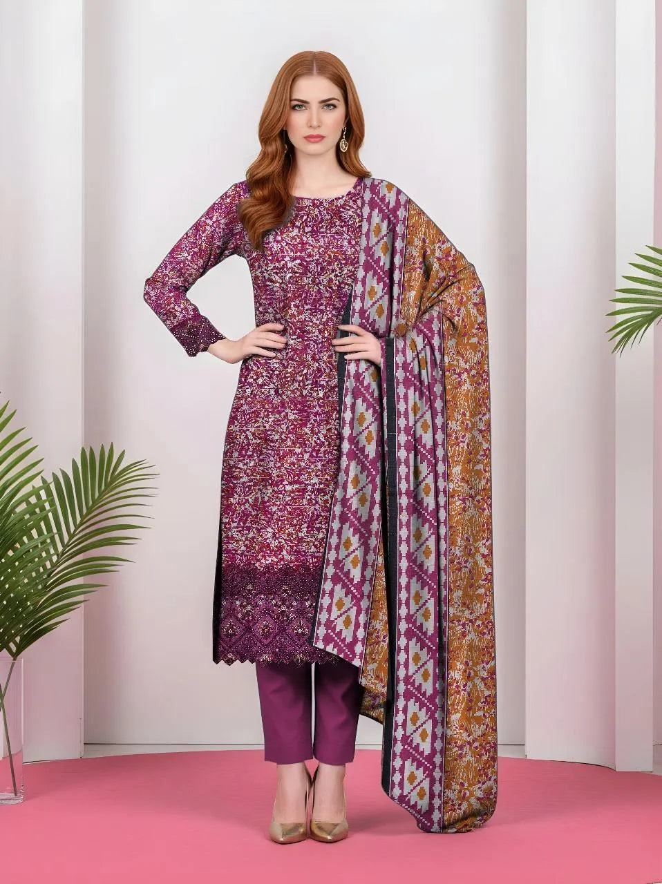 3-Piece Printed Khaddar Suit Pink Gold Wedding Party Wear