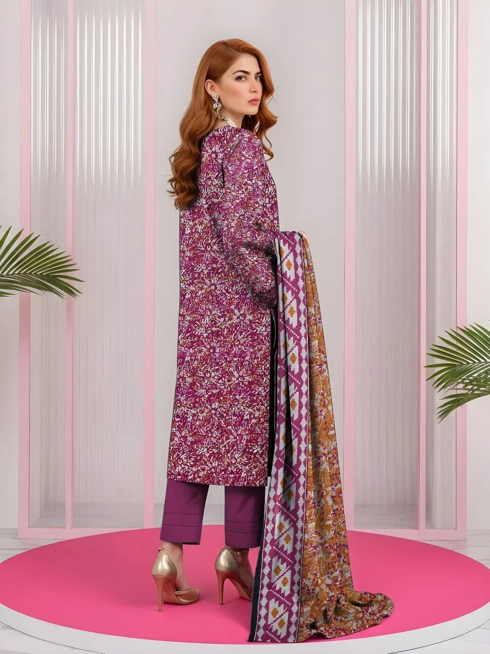 3-Piece Printed Khaddar Suit Pink Gold Wedding Party Wear