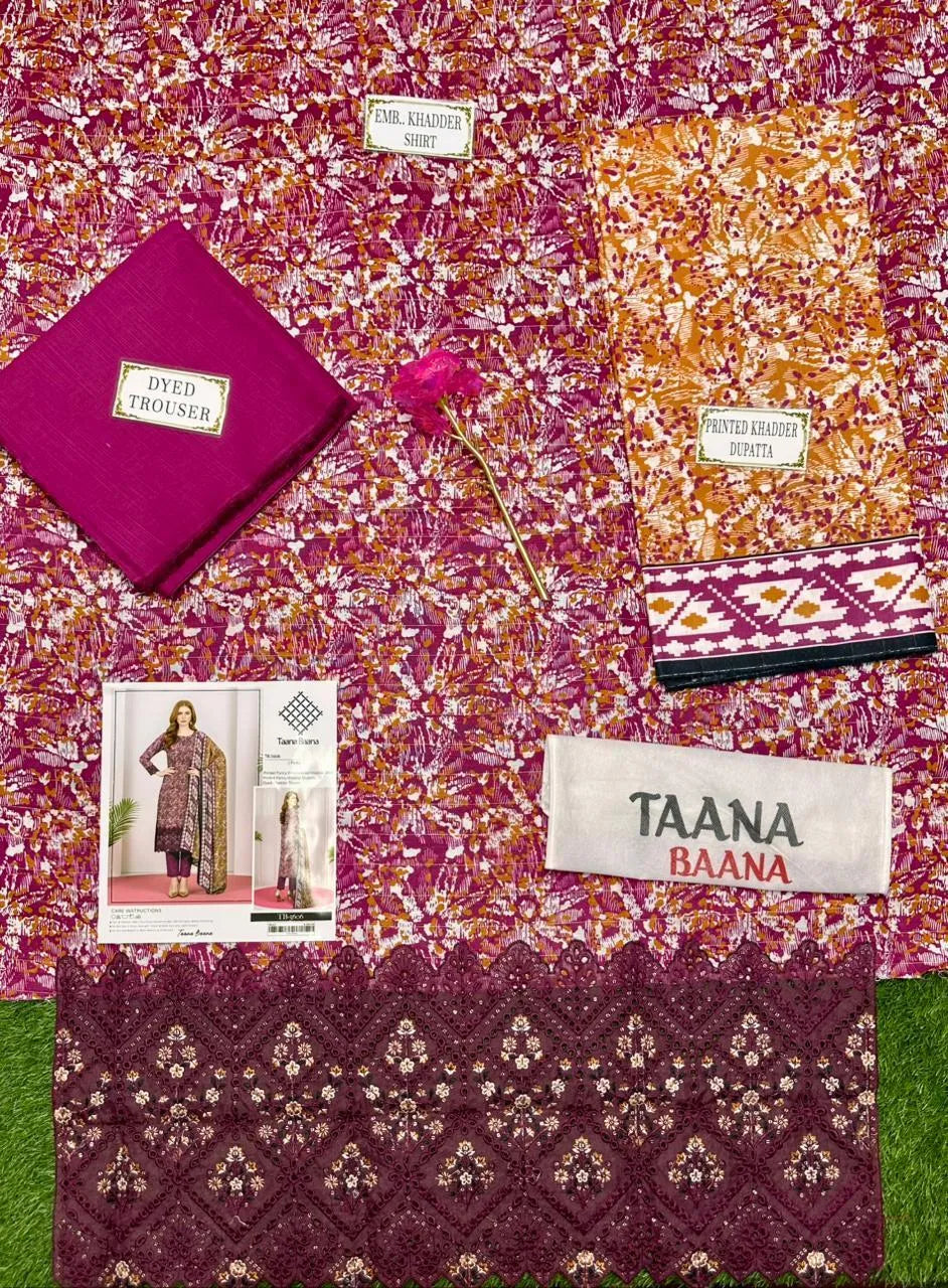 3-Piece Printed Khaddar Suit Pink Gold Wedding Party Wear