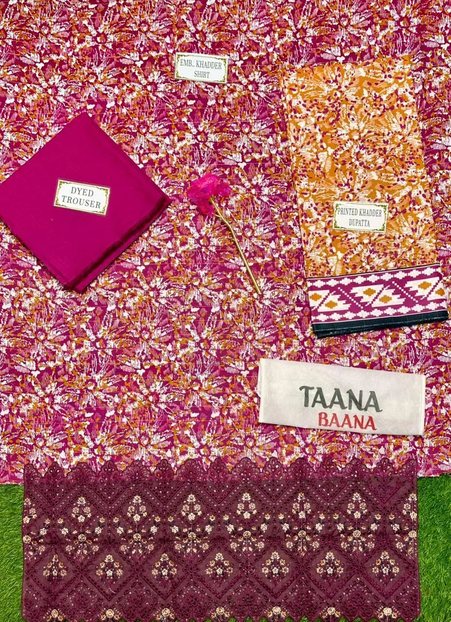 3-Piece Printed Khaddar Suit Pink Gold Wedding Party Wear