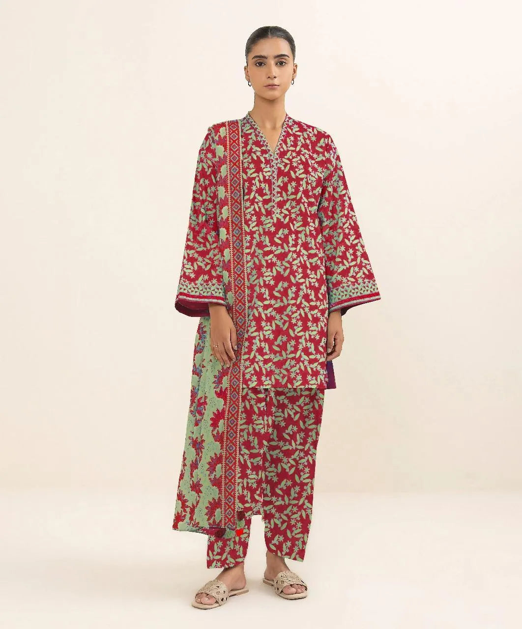 3-Piece Printed Linen Suit Pink Green Floral