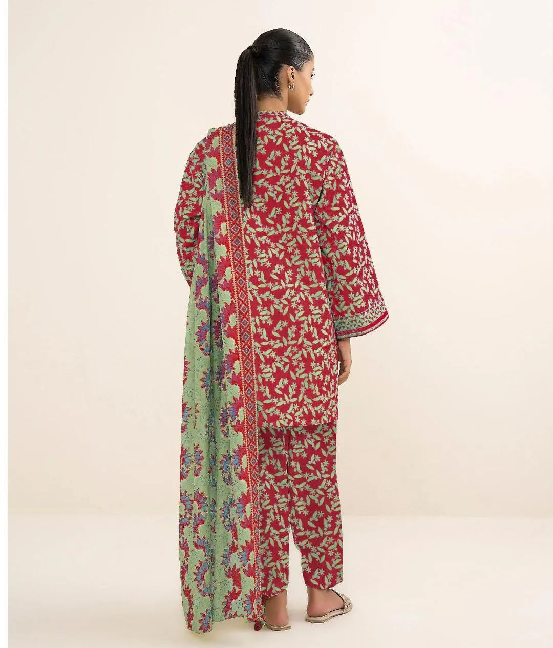 3-Piece Printed Linen Suit Pink Green Floral