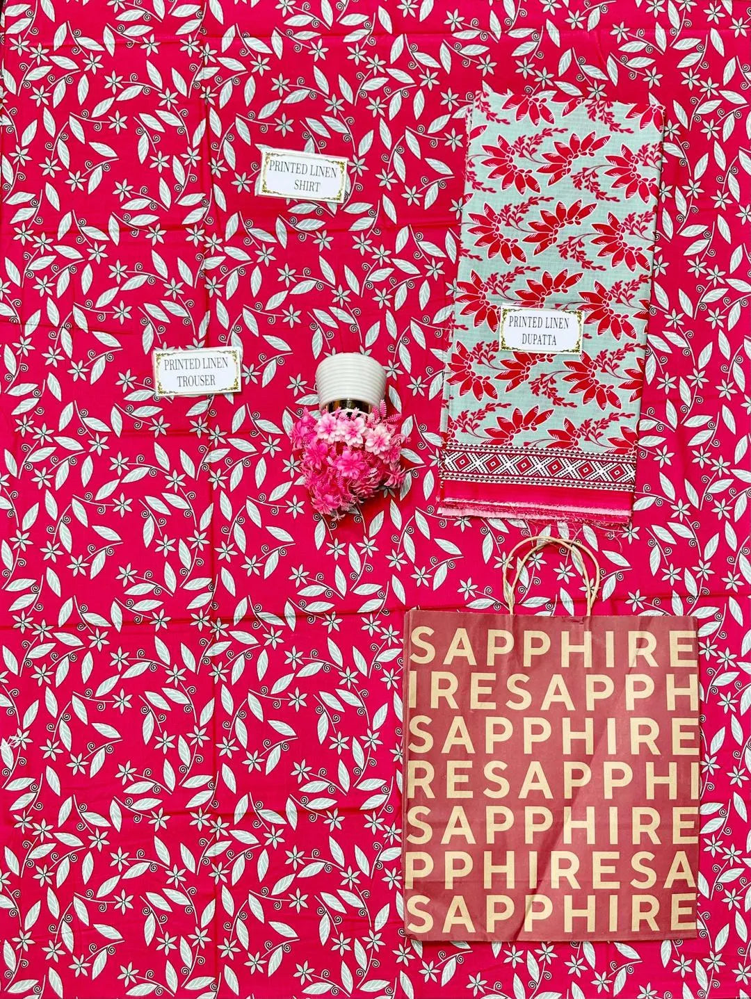 3-Piece Printed Linen Suit Pink Green Floral