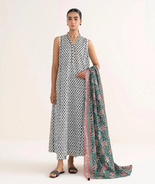 Unstitched Printed Linen 3-Piece Suit for Women
