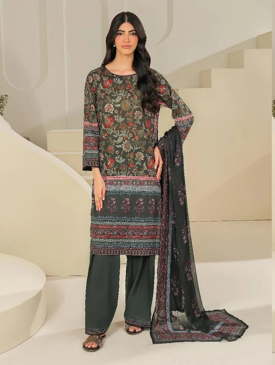 3-Piece Printed Linen Suit Green Floral Dupatta