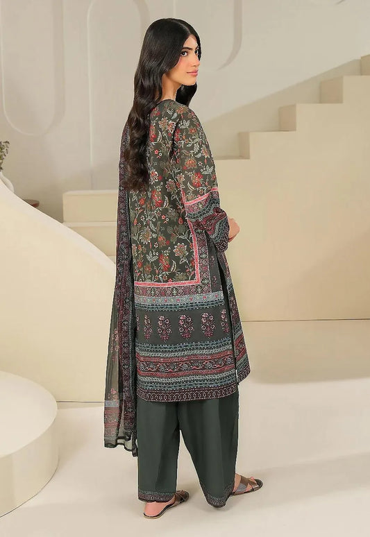 3-Piece Printed Linen Suit Green Floral Dupatta