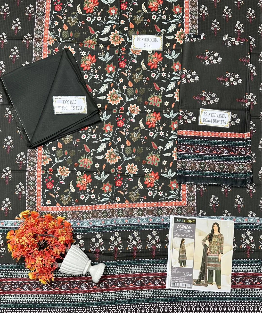 3-Piece Printed Linen Suit Green Floral Dupatta