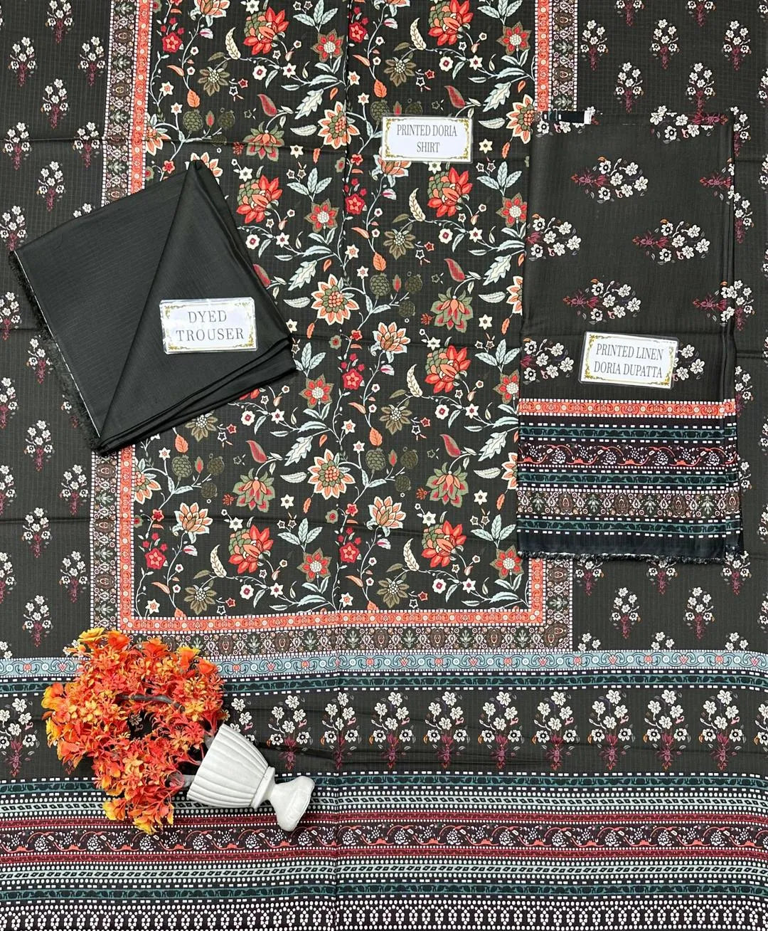 3-Piece Printed Linen Suit Green Floral Dupatta