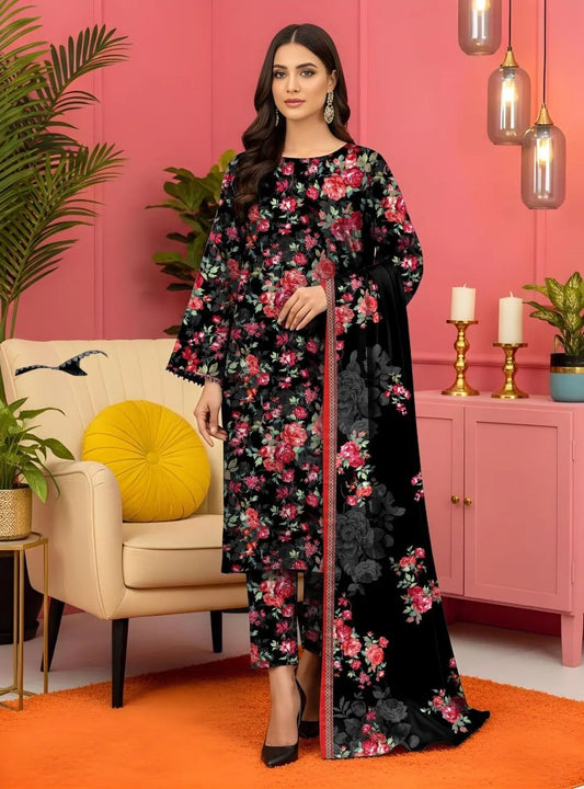 Black Floral 3-Piece Lawn Suit for Women