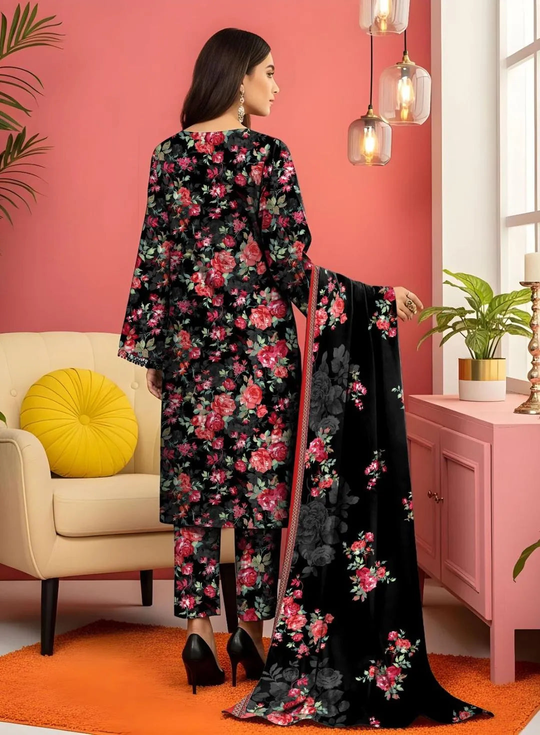 Black Floral 3-Piece Lawn Suit for Women