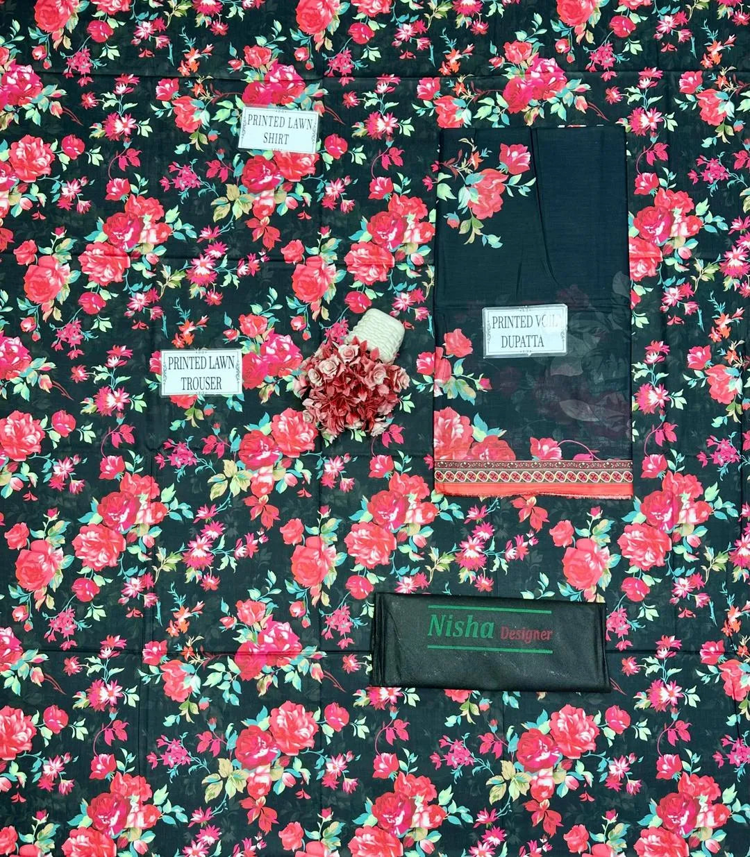 Black Floral 3-Piece Lawn Suit for Women