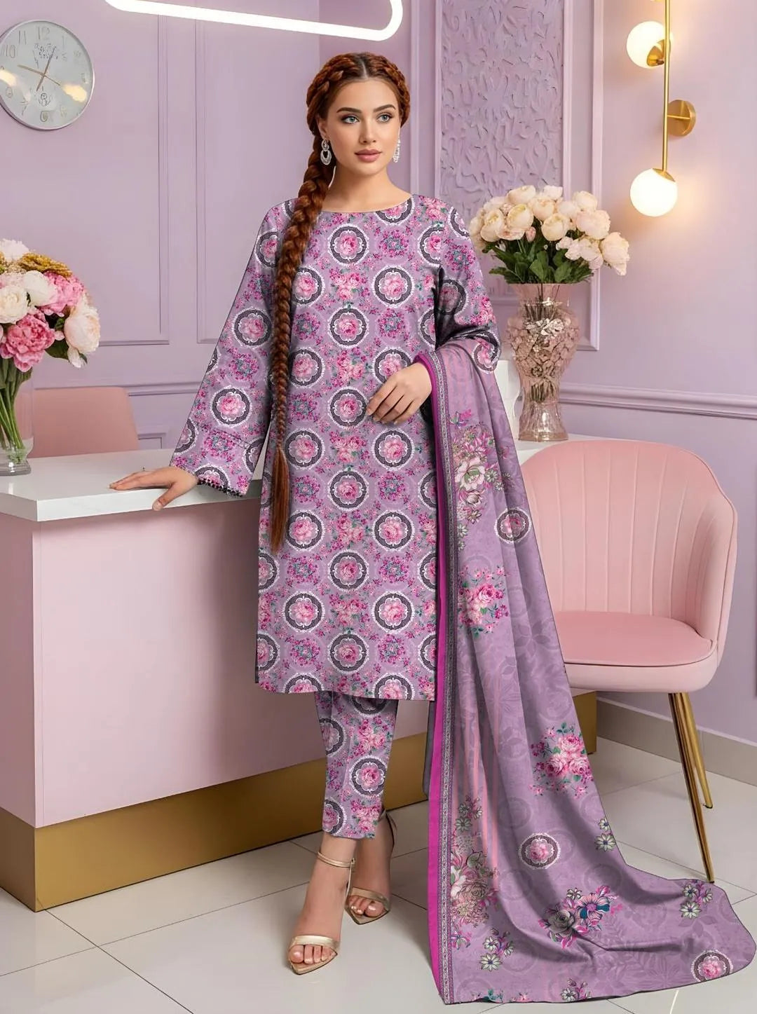Pink Floral Printed 3-Piece Dobby Lawn Suit for Women