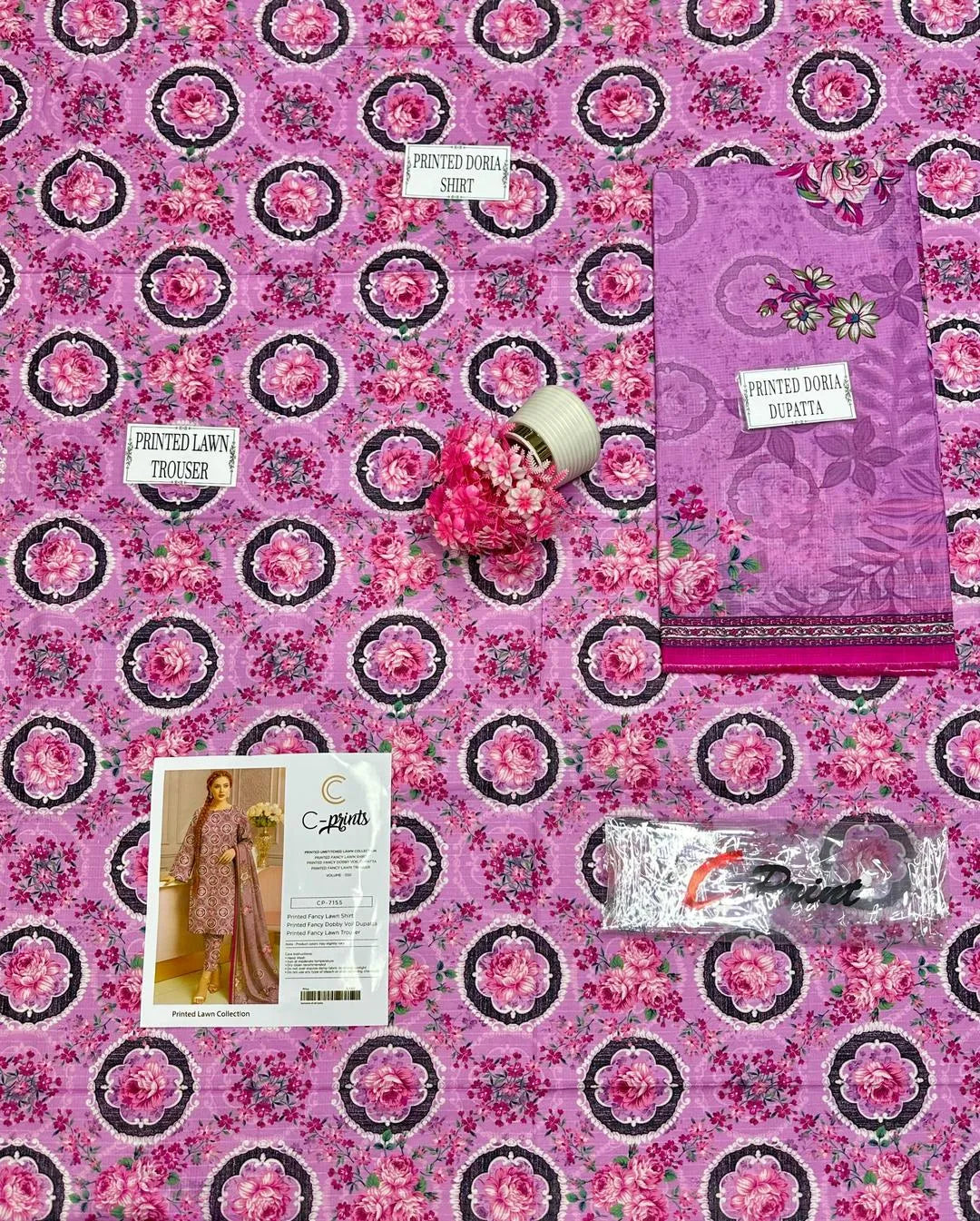 Pink Floral Printed 3-Piece Dobby Lawn Suit for Women