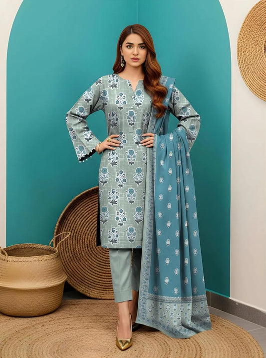 Unstitched Printed Suit Set Dobby Lawn Blue Green