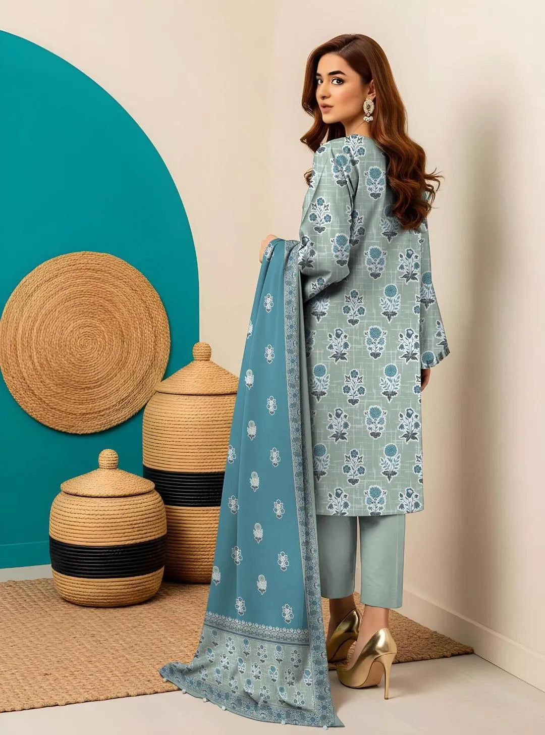 Unstitched Printed Suit Set Dobby Lawn Blue Green