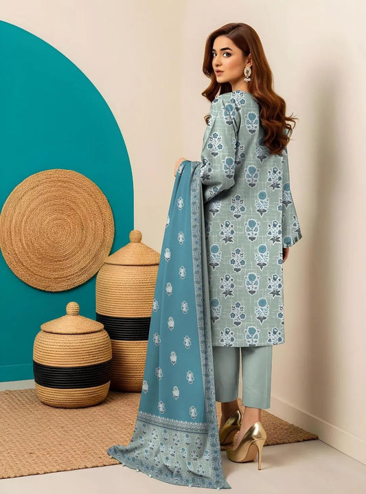 Unstitched Printed Suit Set Dobby Lawn Blue Green
